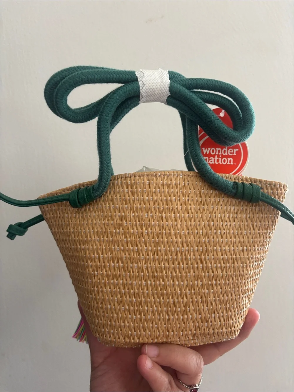 wonder nation Straw Tote with Yellow Lemon Applique and Dark Green Handles